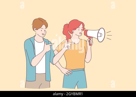 Promotion, Advertisement, announcement concept. Young smiling couple girl and boy cartoon characters standing and making announcement with speaker meg Stock Photo