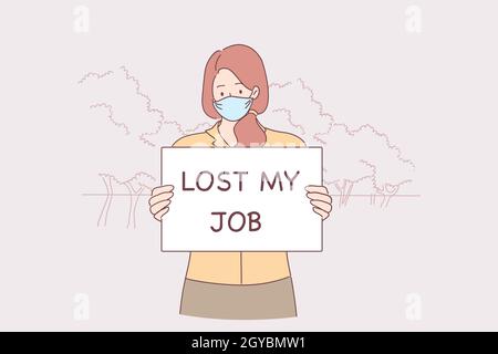 Losing job during pandemic times concept. Young unhappy woman in protective face mask standing and holding lost my job sign un hands due to COVID-19 v Stock Photo