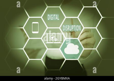 Text showing inspiration Digital Disruption, Concept meaning transformation caused by emerging digital technologies Lady In Uniform Standing Holding T Stock Photo
