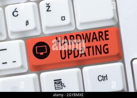 Conceptual display Hardware Updating, Business approach process of replacing a product with a newer version Abstract Typing New Antivirus Program, Typ Stock Photo