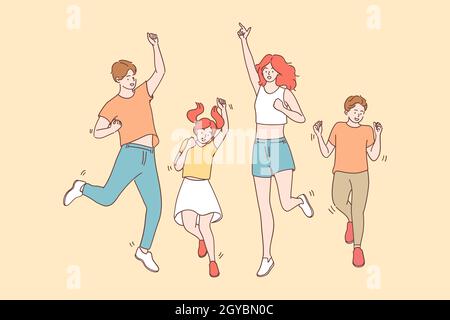 Achievement, joy, celebration concept. Happy cheerful joyful big family with children jumping together celebrating luck and feeling great having fun v Stock Photo