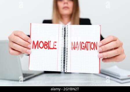 Text caption presenting Mobile Navigation, Concept meaning graphical user interface used to aid the vehicle driver Assistant Offering Instruction And Stock Photo