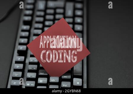 Sign displaying Application Coding, Business idea process by which a mobile app is developed for mobile Entering Image Keyword And Description, Typing Stock Photo