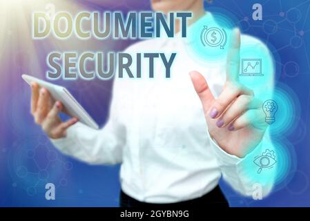 Hand writing sign Document Security, Word for means in which important documents are filed or stored Lady In Uniform Standing Hold Phone Virtual Press Stock Photo