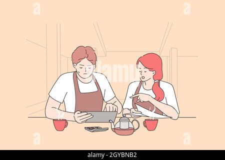Bankrupt and calculating restaurant expenses concept. Worried woman and man owners sitting in empty restaurant and calculating finances during coronav Stock Photo