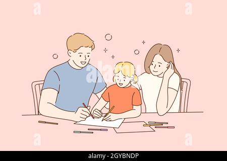 Happy Mother, father and small daughter enjoying painting with pencils at  home together. Young family drawing picture on paper. People spending time  t Stock Photo - Alamy