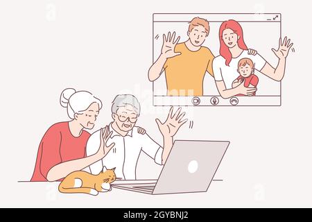 Online communication, video call and distant meeting concept. Children and grandchildren chatting with elderly relatives online on laptops having fami Stock Photo