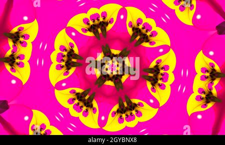 Psychedelic ornament kaleidoscope. Bright neon forms. Ultraviolet illustration. Abstract glowing pattern. Indian, Korean, Arabic ornament. Good for wr Stock Photo