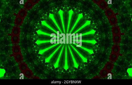 Psychedelic ornament kaleidoscope. Bright neon forms. Green nature illustration. Abstract glowing pattern. Indian, Korean, Arabic ornament. Good for w Stock Photo