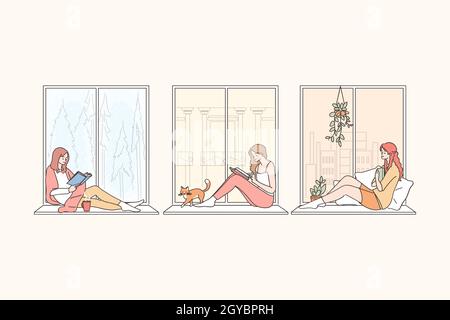 Staying at home during pandemic concept. Young women cartoon characters sitting on windowsill at home, reading, looking at window, thinking and enjoyi Stock Photo