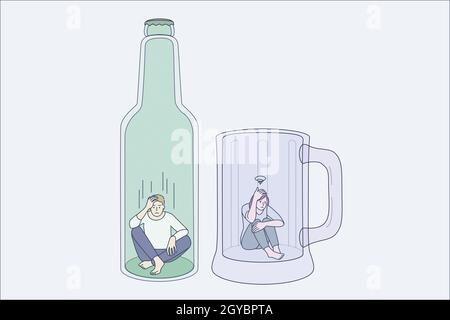 Addiction to alcohol and depression concept. Two young depressed people man and woman sitting on bottom of beer mug and bottle feeling stressed addict Stock Photo