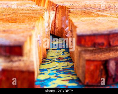 The texture of a transverse crack in a cut of pine wood. Chopped tree. Logging. Background image. Sawmill wood. Deforestation. Pine cut surface struct Stock Photo