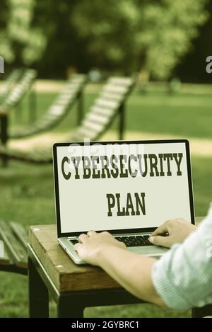 Text sign showing Cybersecurity Plan, Internet Concept Techniques of protecting computer and system from attacks Online Jobs And Working Remotely Conn Stock Photo