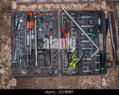 A set of metal locksmith tools of a car repair mechanic Stock