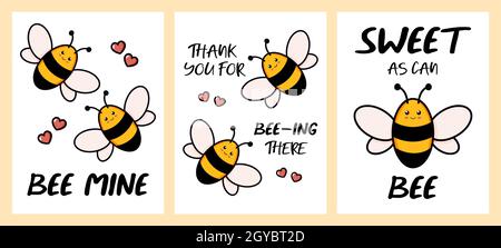 Cute bee set of three cards. Hand drawn collection of postcards colored trendy vector illustrations with text. Cartoon doodle style. Flat design. Every illustration is isolated on white Stock Vector