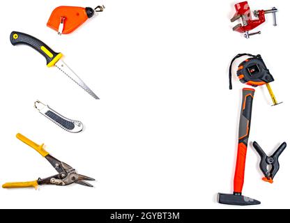 Builder working tool on a white background. Working tool. Construction equipment. Construction and repair. Apartment and house. A set of equipment. Ma Stock Photo