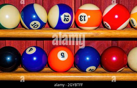 Colored billiard balls on a wooden shelf. Billiard ball. Wooden shelf. Numbered balls. Gambling. Sports game. Leisure activities. Business. Background Stock Photo