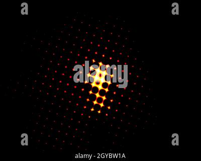 Abstract illustration of red and yellow rhombuses. Glow of geometric shapes on a black background. Fantastic illustration. Space. Background image. Pl Stock Photo