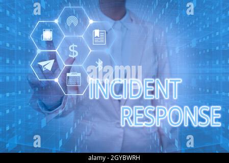 Inspiration showing sign Incident Response, Concept meaning addressing and managing the aftermath of a security breach Lady In Uniform Holding Tablet Stock Photo