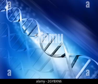 Abstract blue DNA strands in a liquid environment with suspended ...