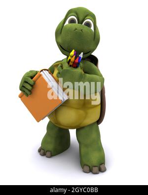 3D render of Tortoise with school book and crayons Stock Photo