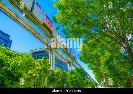 Tama Monorail and the fresh green. Shooting Location: Tokyo Tachikawa Stock Photo