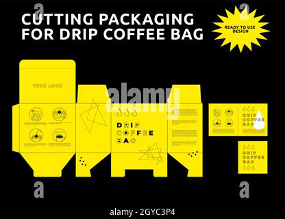 Design template of coffee packaging. vintage cutting packaging for drip coffee bag, design template die cut, Stock Vector