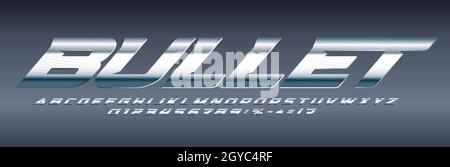 Silver font chrome alphabet aluminium letters. Machinery letter set for speed logo and headline. Shiny metallic typeset Stock Vector