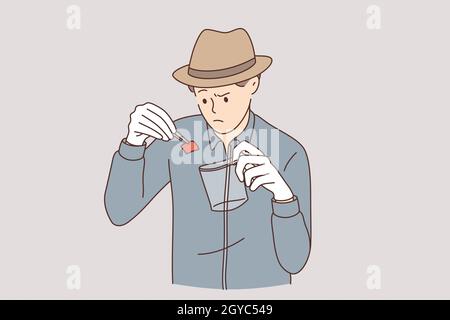 Detective with evidence working concept. Young serious an working as detective in hat putting piece of paper evidence of crime to special transparent Stock Photo
