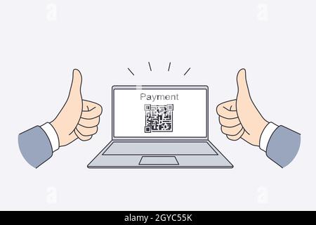 Electronic payment with qr code concept. Hands of man showing thumbs up sign with electronic payment and qr code for transaction on laptop screen vect Stock Photo