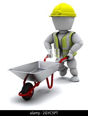 3D render of a Builder with a wheel barrow Stock Photo