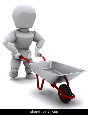 3D render of a gardener with a wheel barrow Stock Photo