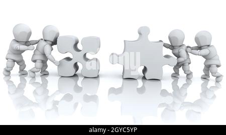 3D render of men solving jigsaw puzzles Stock Photo