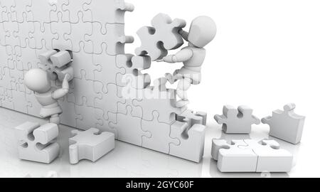 3D render of men solving a jigsaw puzzle Stock Photo