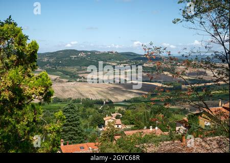 Montepulciano, Tuscany, Italy. August 2020. Amazing landscape of the Tuscan countryside visible from the historic village of Montepulciano. Stock Photo