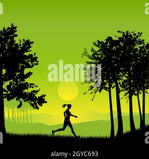 Silhouette of a female jogging in the countryside Stock Photo