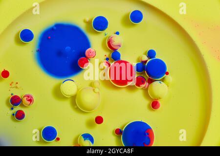 Tiny red, blue, and yellow balls floating on yellow surface Stock Photo