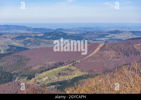 Aerial view of Mosorny Gron summit in and Zawoja village in Beskid Zywiecki mountains Stock Photo