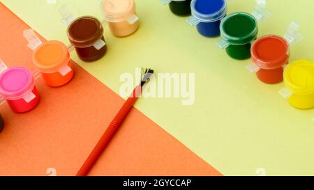 Colors art background. Watercolor paints and paintbrush. knolling concept. Stock Photo