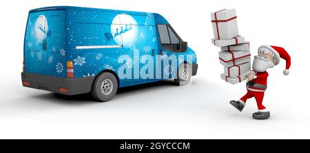 3D Render of a Christmas delivery van with Santa Claus Stock Photo