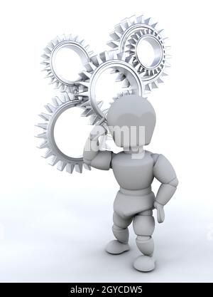 Someone thinking with gears in background Stock Photo