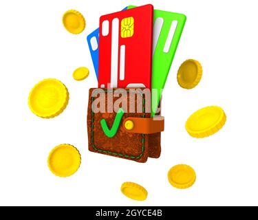 One wallet with credit cards and flying gold coins isolated on white background. 3D illustration Stock Photo