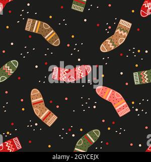 Colorful socks on a black background. Vector seamless pattern Stock Vector