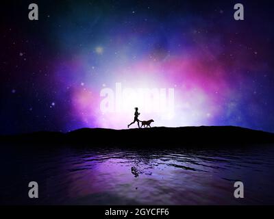 3D render of a female jogging with her dog against a space sky Stock Photo
