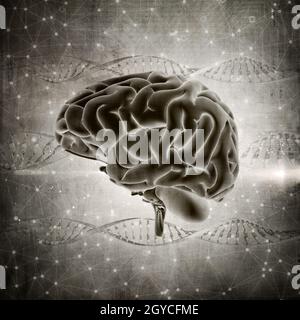 3D render of a grunge style brain image on a DNA strands background Stock Photo