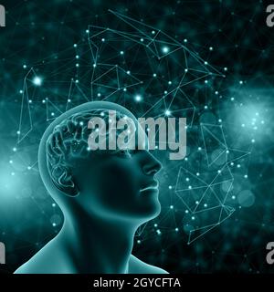 3D render of a male figure with brain on background with connecting dots and lines Stock Photo