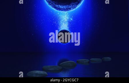 3D render of a space landscape with stepping stones in the ocean and fictional planets Stock Photo