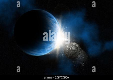 3D render of a space background with fictional planets asteroid rock Stock Photo