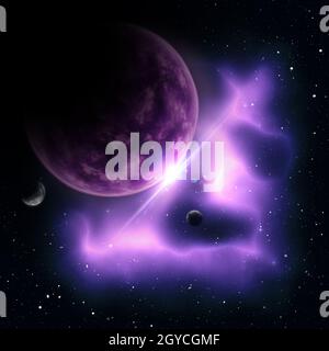 3D render of an abstract space scene with fictional planets Stock Photo