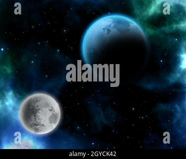 Illustration of a surreal space scene with fictional planets Stock Photo